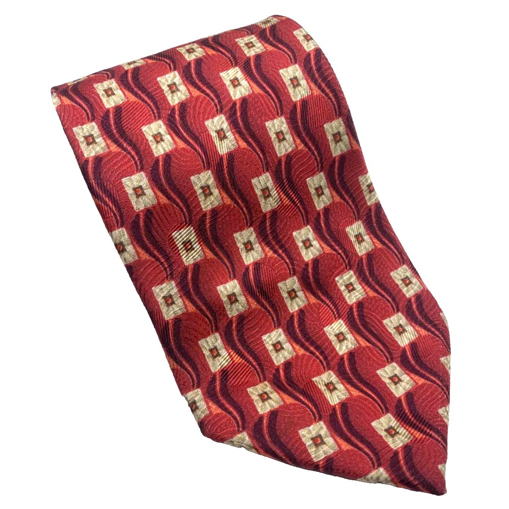 VILLA BOLGHERI Men's 100% Silk Necktie ITALY Designer Geometric red beige‎ LONG